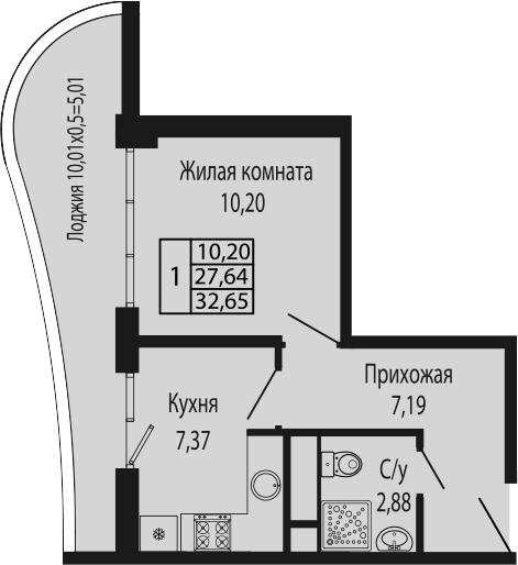 1-комн., 27.64 м², 5/12 этаж, ЖК «Sun Hills Ольгинка»