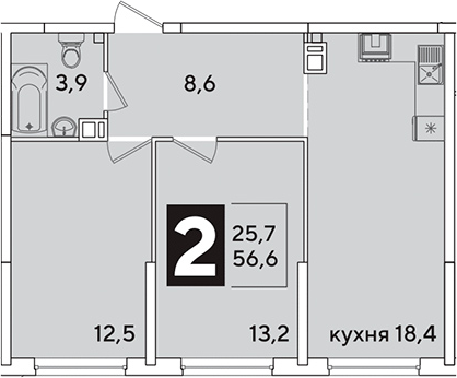 3-комн., 56.6 м², 5/16 этаж, ЖК «Самолет»