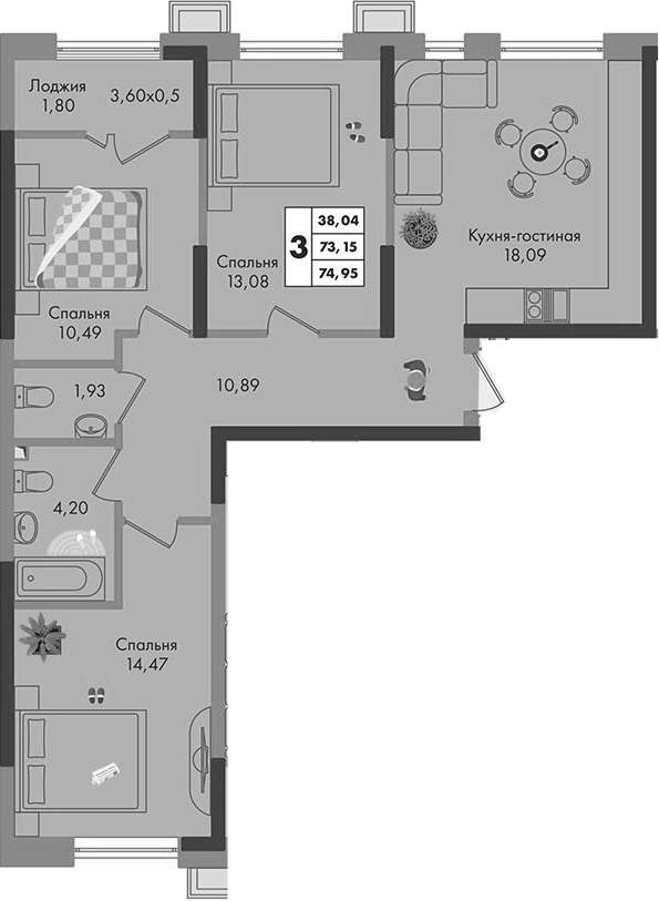 3-комн., 73.15 м², 9/9 этаж, ЖК «Зеленая территория»