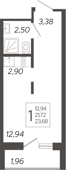 Студия, 21.72 м², 13/19 этаж, ЖК «Кислород»
