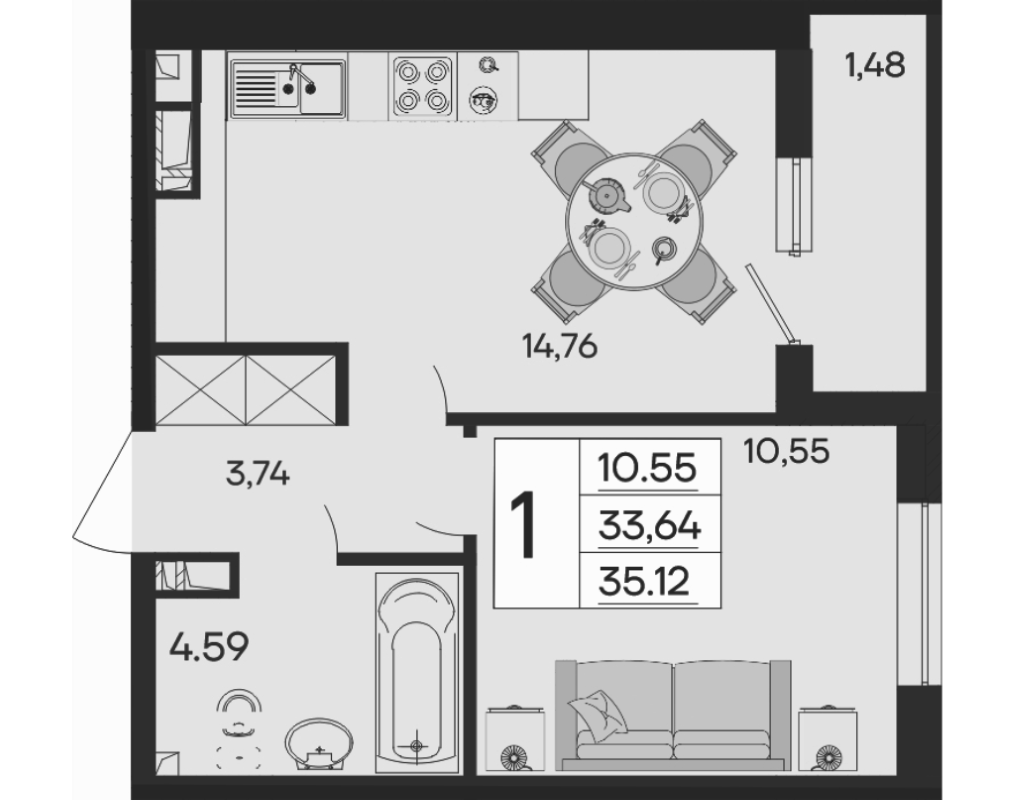 Продается 1-комн. квартира, 33.64 м²