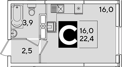 Студия, 22.4 м², 12/16 этаж, ЖК «Самолет»