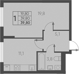 1-комн., 39.8 м², 1/15 этаж, ЖК «Барса»