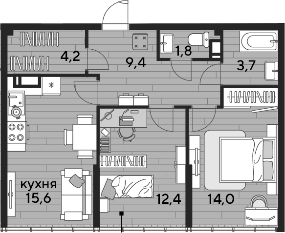 2-комн., 61.1 м², 16/16 этаж, ЖК «DОГМА ПАРК»