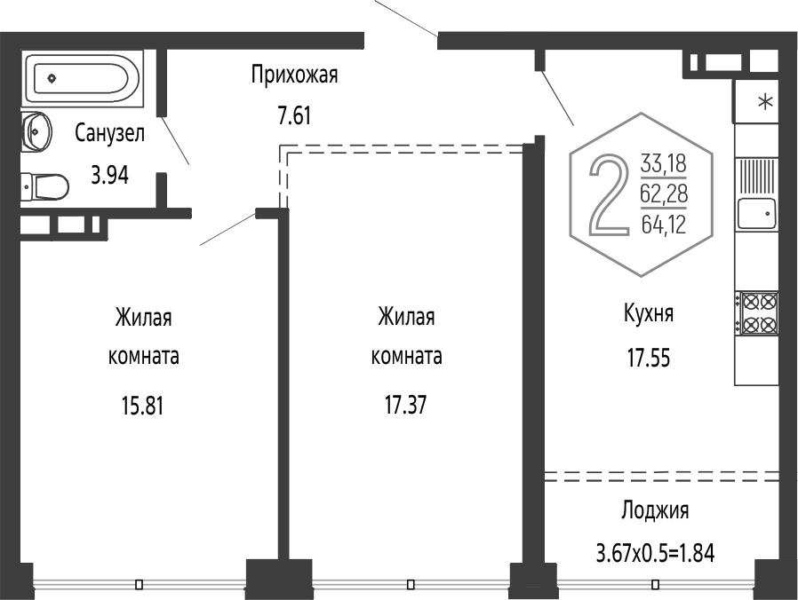 3-комн., 62.28 м², 3/24 этаж, ЖК «Гарантия PRIME»