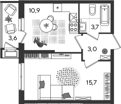1-комн., 33.3 м², 2/24 этаж, ЖК «Рекорд»