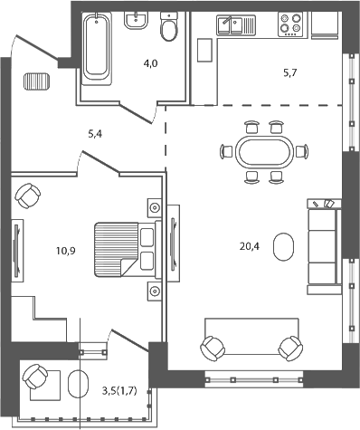 2-комн., 46.4 м², 6/7 этаж, ЖК «Сиреневый бульвар»