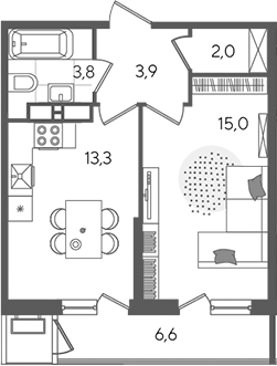 1-комн., 38 м², 23/24 этаж, ЖК «Рекорд»