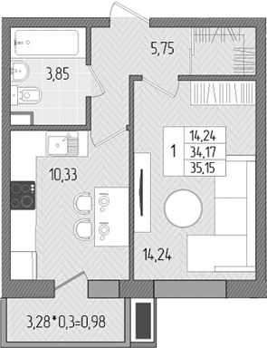 1-комн., 34.17 м², 1/8 этаж, ЖК «Сады у моря»