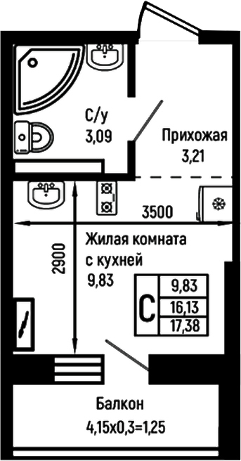 Студия, 16.13 м², 2/9 этаж, ЖК «Ботаника Хиллс»