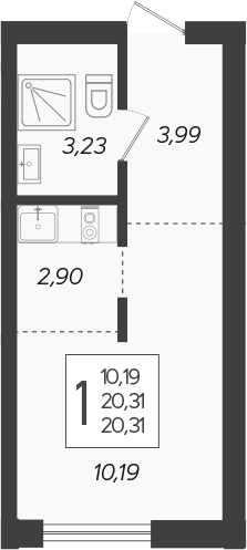 Студия, 20.31 м², 2/19 этаж, ЖК «Кислород»