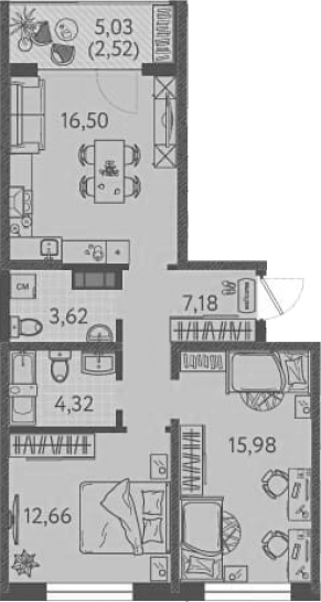 2-комн., 60.26 м², 5/9 этаж, ЖК «Друзья»