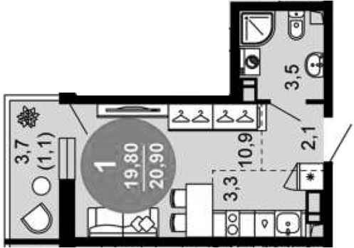 Студия, 19.8 м², 11/12 этаж, ЖК «Флора»