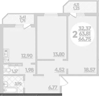 2-комн., 63.81 м², 7/8 этаж, ЖК «Молодежный 2»