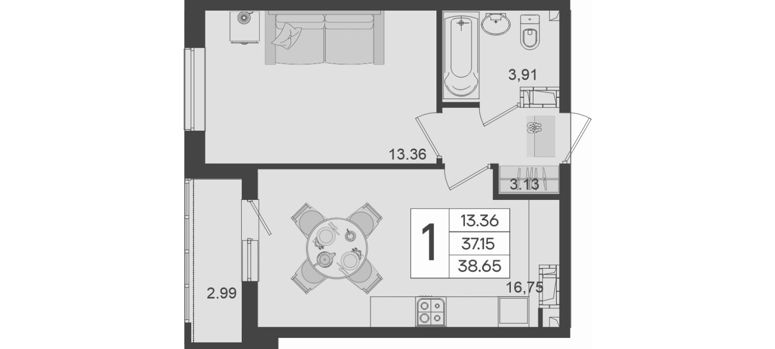 1-комн., 37.15 м², 17/18 этаж, ЖК «Дом 101»