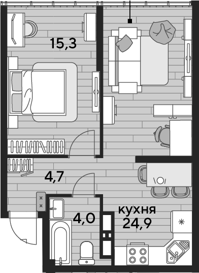 1-комн., 48.9 м², 16/16 этаж, ЖК «DОГМА ПАРК»