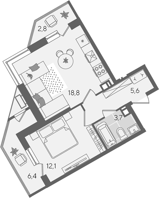 2-комн., 40.2 м², 3/24 этаж, ЖК «Рекорд»