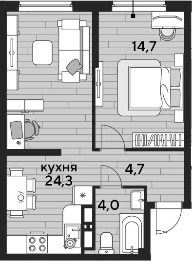 1-комн., 47.7 м², 14/16 этаж, ЖК «DОГМА ПАРК»