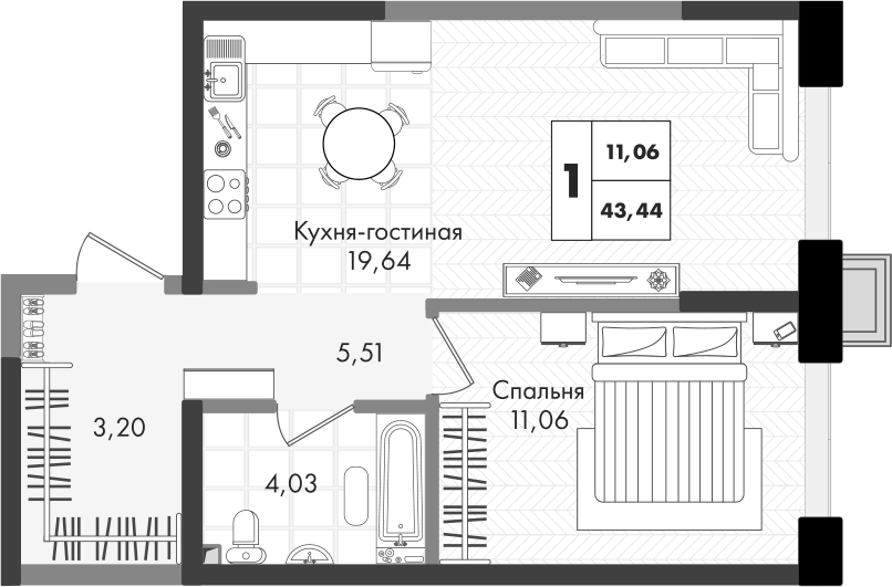 2-комн., 43.44 м², 7/9 этаж, ЖК «Зеленая территория»