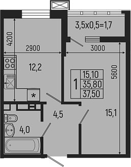 1-комн., 35.8 м², 6/7 этаж, ЖК «Звезды»