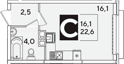 Студия, 22.6 м², 2/16 этаж, ЖК «Самолет»