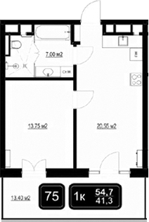 2-комн., 41.3 м², 5/9 этаж, ЖК «ГК Кайрос»
