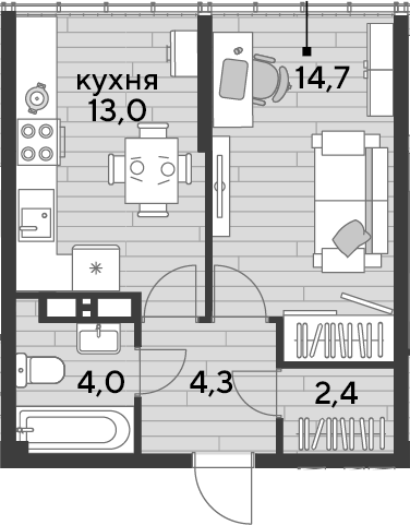 1-комн., 38.4 м², 16/16 этаж, ЖК «DОГМА ПАРК»