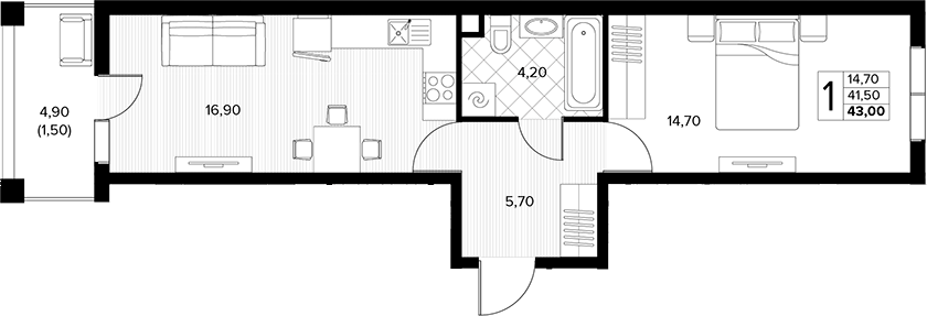 1-комн., 41.5 м², 1/7 этаж, ЖК «Кипарис»
