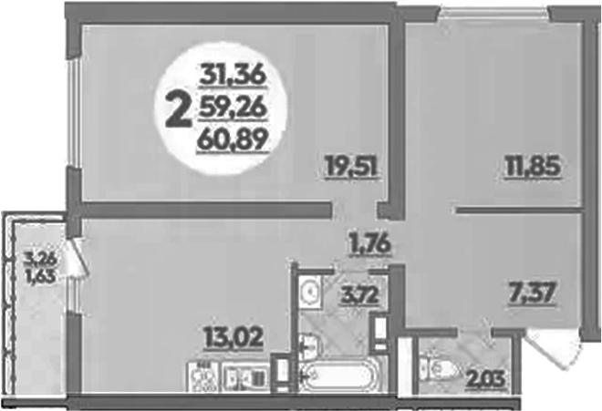 2-комн., 59.26 м², 8/16 этаж, ЖК «Город у моря»