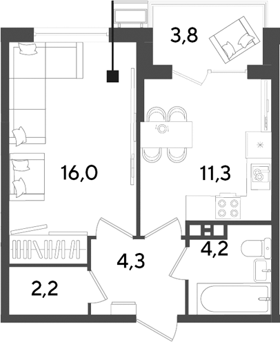 1-комн., 38 м², 7/9 этаж, ЖК «Парк Победы»