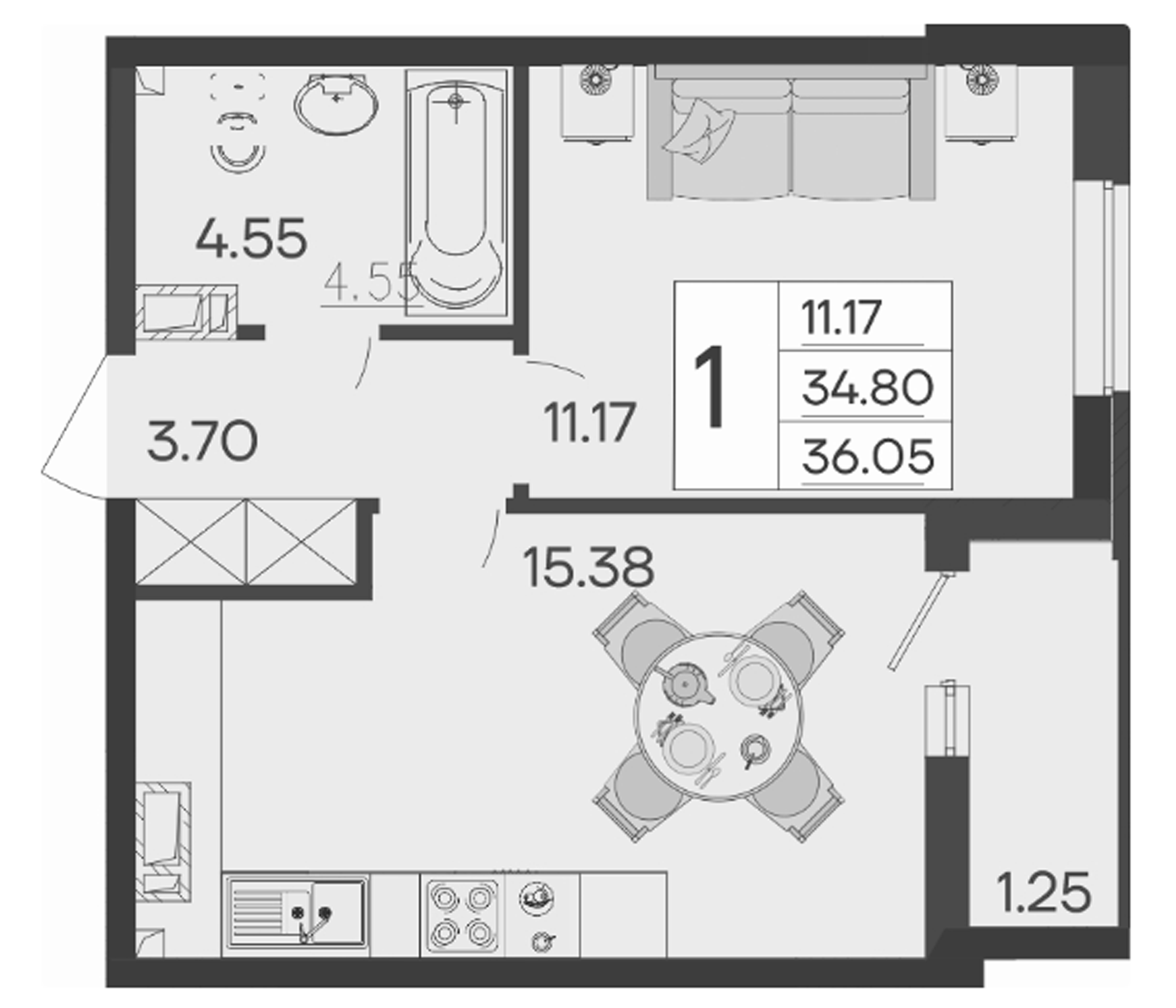 1-комн., 34.8 м², 3/9 этаж, ЖК «Дом 101»