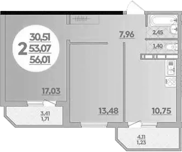 2-комн., 53.07 м², 11/16 этаж, ЖК «Восточный. Квартал №6»