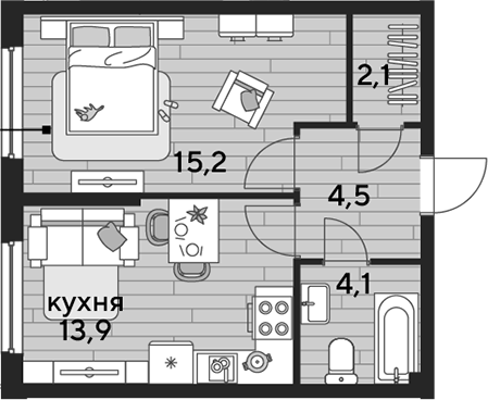1-комн., 39.8 м², 2/19 этаж, ЖК «DОГМА ПАРК»
