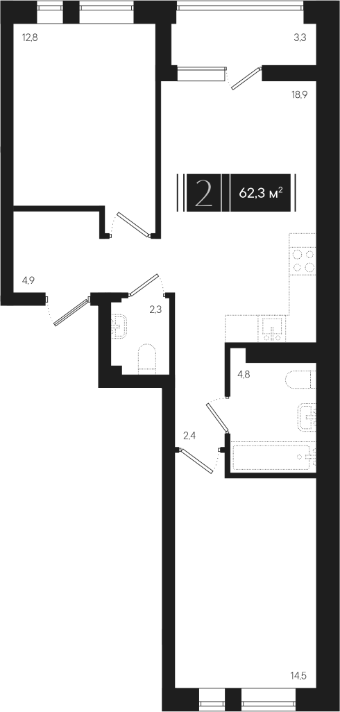 2-комн., 60.65 м², 5/9 этаж, ЖК «Эрмитаж»