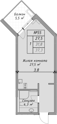 Студия, 31.8 м², 3/4 этаж, ЖК «Оазис Азова»