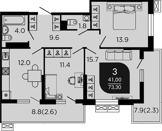3-комн., 70.7 м², 11/23 этаж, ЖК «Отражение. Дарстрой»