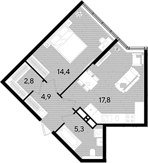 1-комн., 45.2 м², 15/16 этаж, ЖК «DОГМА ПАРК»