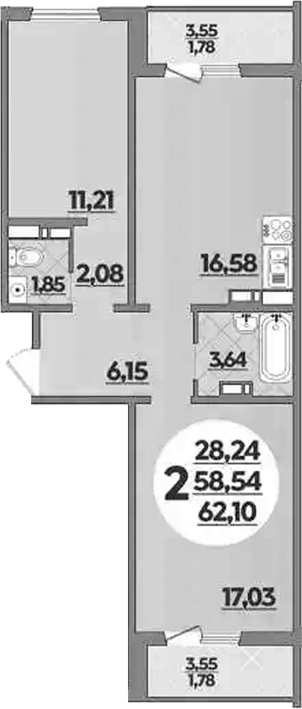 2-комн., 58.54 м², 7/9 этаж, ЖК «Южная долина»