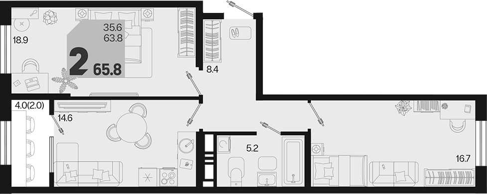 2-комн., 63.8 м², 8/18 этаж, ЖК «Первое место»