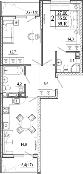 2-комн., 55.5 м², 5/17 этаж, ЖК «Лестория»