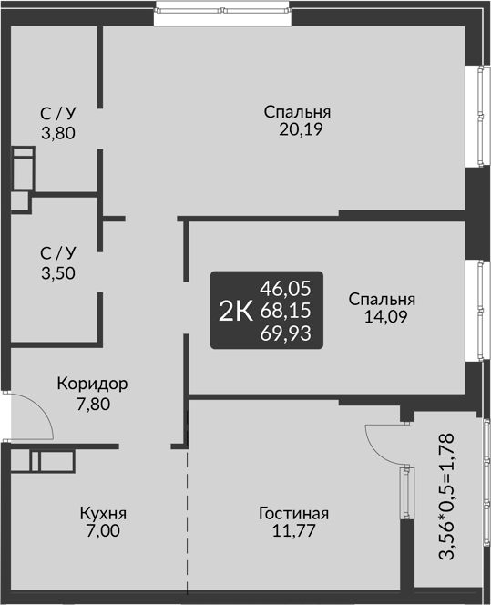 3-комн., 68.15 м², 9/16 этаж, ЖК «На Высоте»