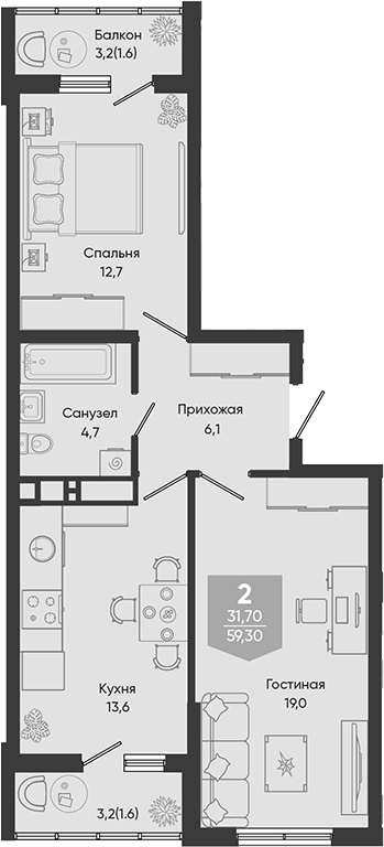 2-комн., 56.1 м², 15/24 этаж, ЖК «Облака»