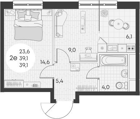 2-комн., 39.1 м², 5/16 этаж, ЖК «Грин Эппл»
