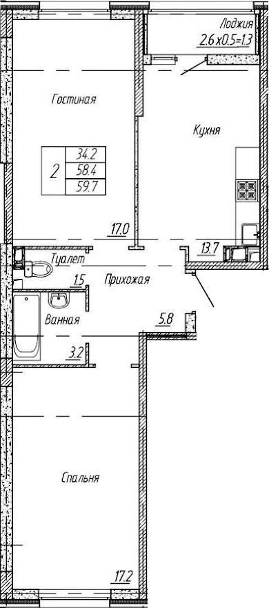 2-комн., 58.4 м², 9/9 этаж, ЖК «Архитектор. ГК ЮгСтройИнвест»