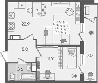 2-комн., 43.4 м², 24/24 этаж, ЖК «Рекорд»