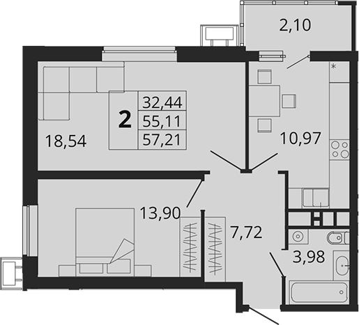 2-комн., 56.49 м², 3/18 этаж, ЖК «Родные Просторы»
