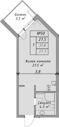 Студия, 31.8 м², 3/4 этаж, ЖК «Оазис Азова»
