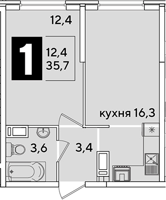 2-комн., 35.7 м², 14/16 этаж, ЖК «Самолет»