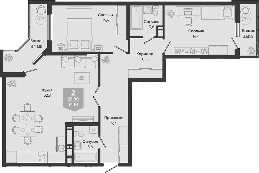 3-комн., 87.5 м², 22/24 этаж, ЖК «Облака»