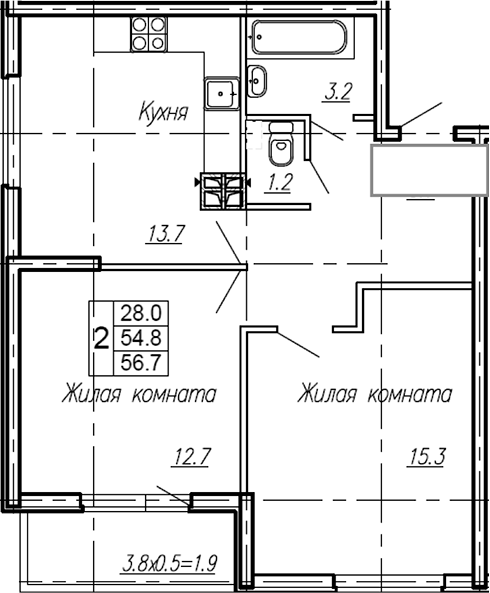2-комн., 54.8 м², 1/4 этаж, ЖК «Эво»